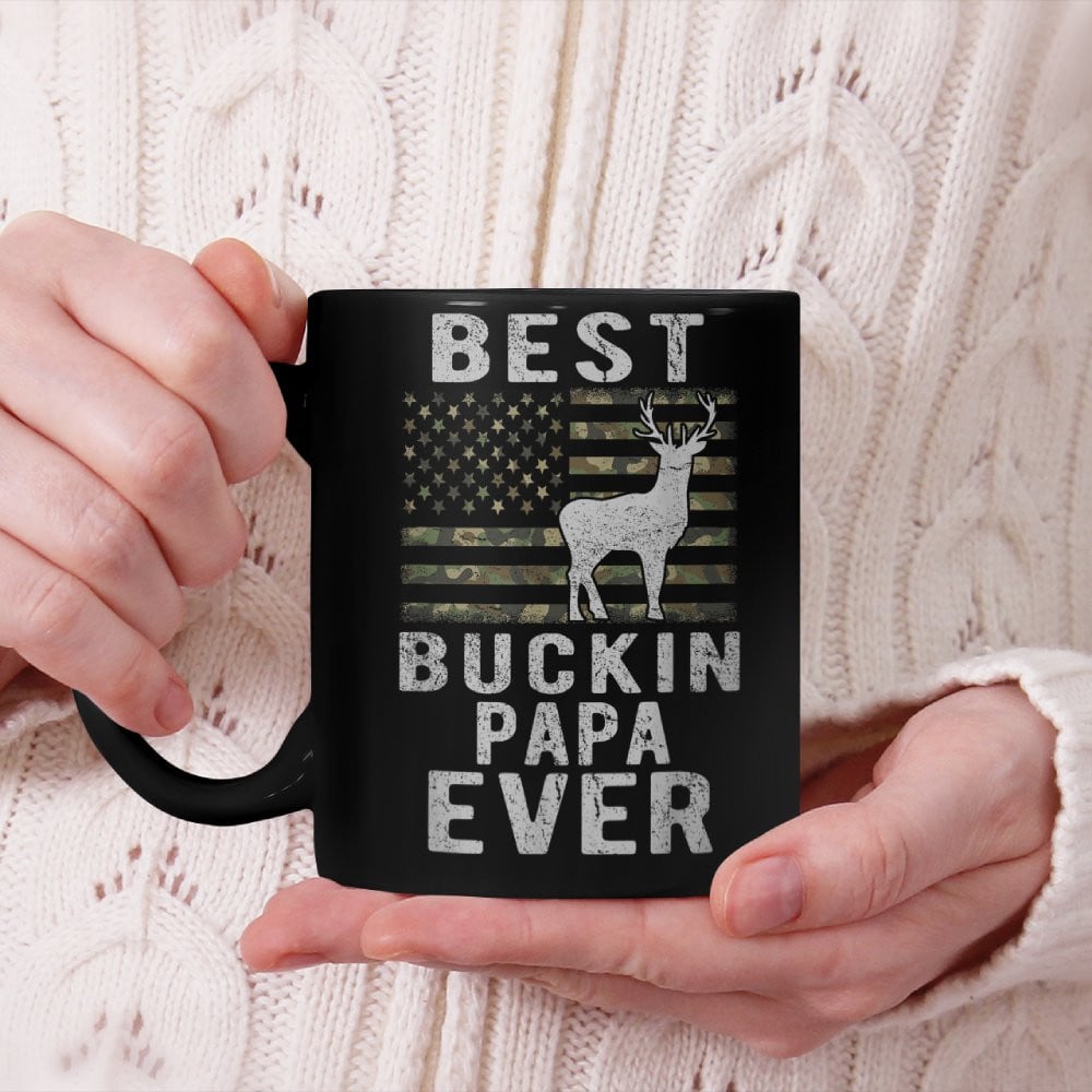 Best Bucking Papa Ever Camouflage American Flag Deer Hunting Beverage Mug