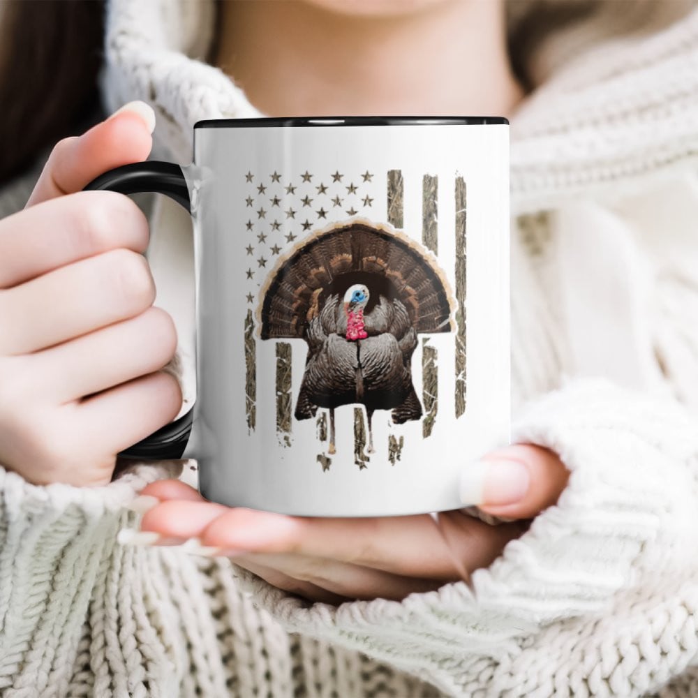 Turkey Hunting Graphic American Flag Tree Camouflage Accent Mug