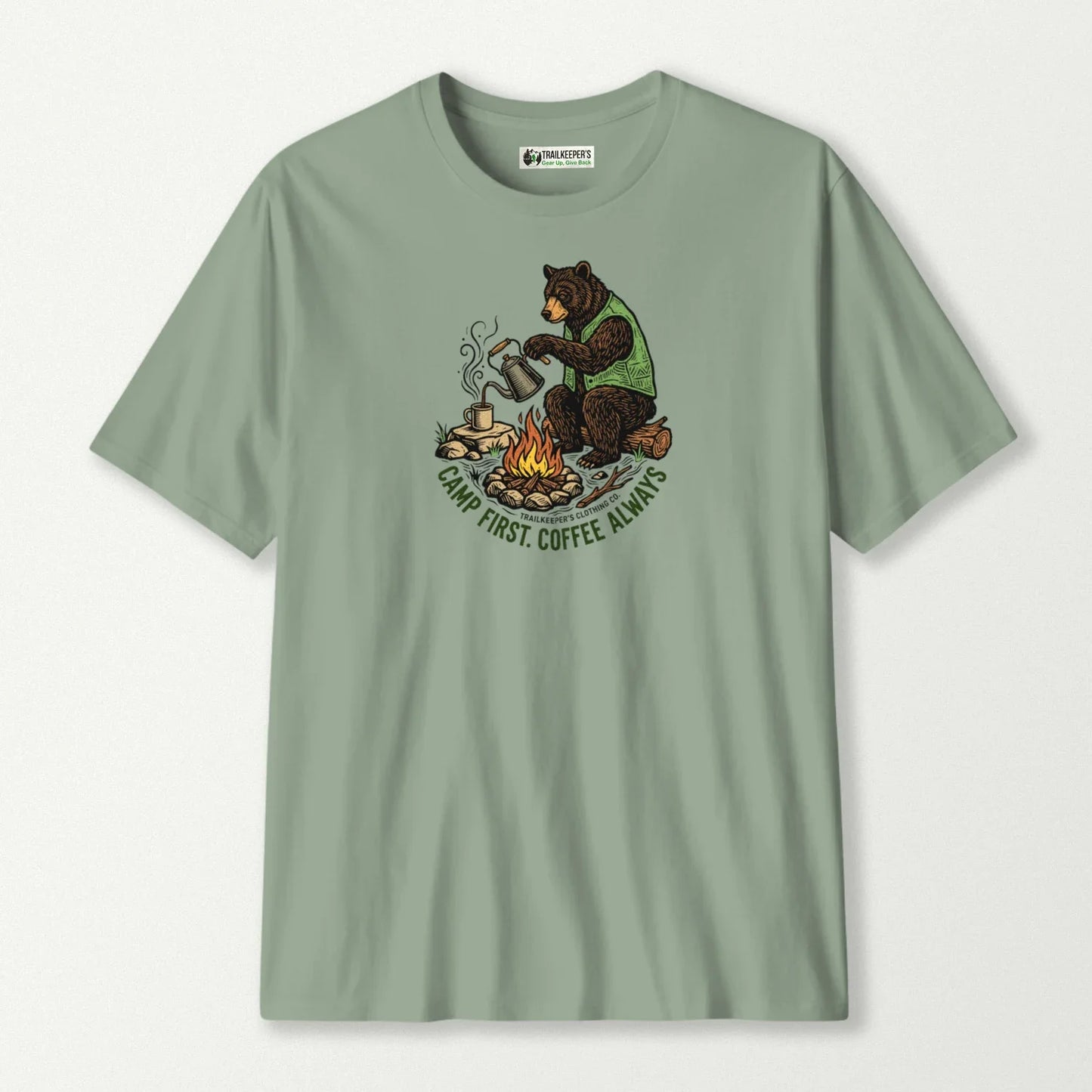 Camp First. Coffee Always Bear T-Shirt